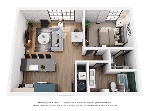Floor plan for 1 bed, 1 bath, 665 sqft